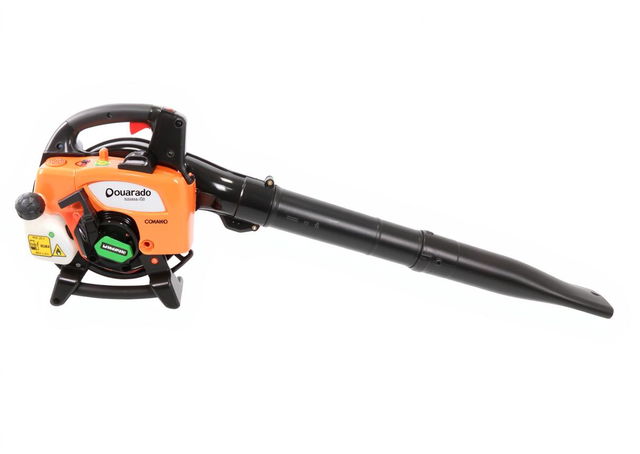 A sleek and stylish leaf blower in an elegant golden color, featuring a modern design with a streamlined body and a long blowing tube