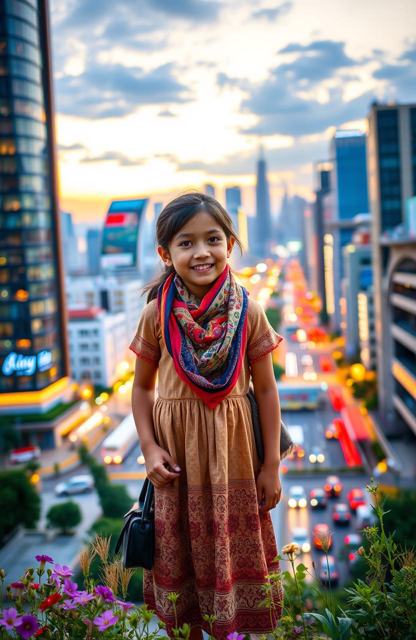 A beautiful, young village girl standing at the edge of a bustling city, looking inspired and hopeful