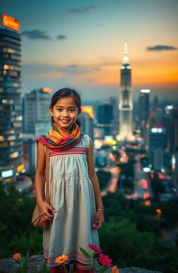 A beautiful, young village girl standing at the edge of a bustling city, looking inspired and hopeful