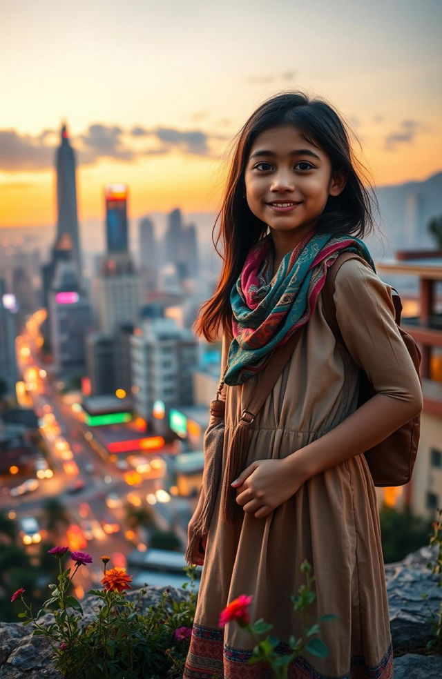 A beautiful, young village girl standing at the edge of a bustling city, looking inspired and hopeful