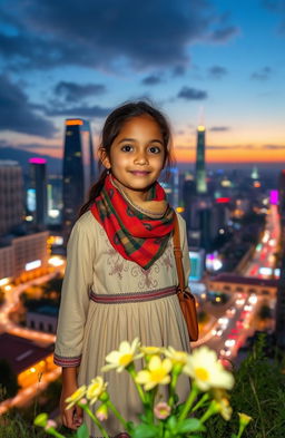 A beautiful, young village girl standing at the edge of a bustling city, looking inspired and hopeful