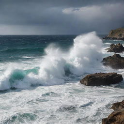 A captivating seascape with towering waves crashing against rocky shorelines. A dramatic play of light and shadows dances on the churning water, highlighting the raw power of nature.