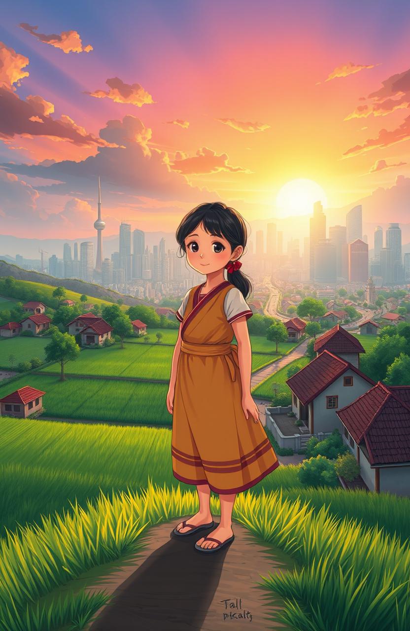 A beautiful and inspiring illustration of a rural girl embarking on her journey to the city