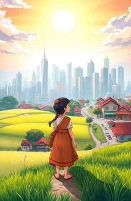 A beautiful and inspiring illustration of a rural girl embarking on her journey to the city