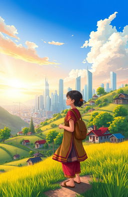 A beautiful and inspiring illustration of a rural girl embarking on her journey to the city