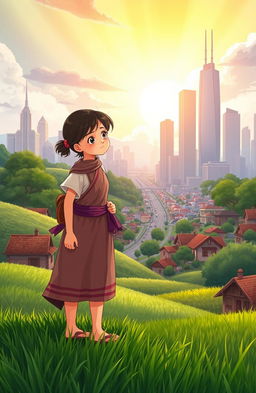 A beautiful and inspiring illustration of a rural girl embarking on her journey to the city