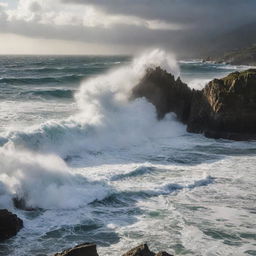 A captivating seascape with towering waves crashing against rocky shorelines. A dramatic play of light and shadows dances on the churning water, highlighting the raw power of nature.