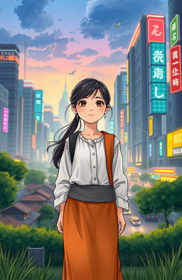 An illustration for a novel cover depicting a young girl from a village experiencing her metamorphosis into a city life