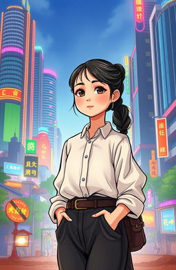 An illustration for a novel cover depicting a young girl from a village experiencing her metamorphosis into a city life