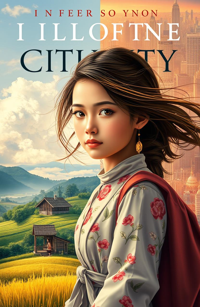 A captivating novel cover depicting the metamorphosis of a young village girl as she ventures into the city