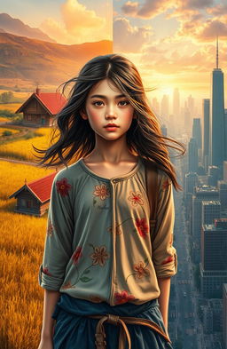 A captivating novel cover depicting the metamorphosis of a young village girl as she ventures into the city