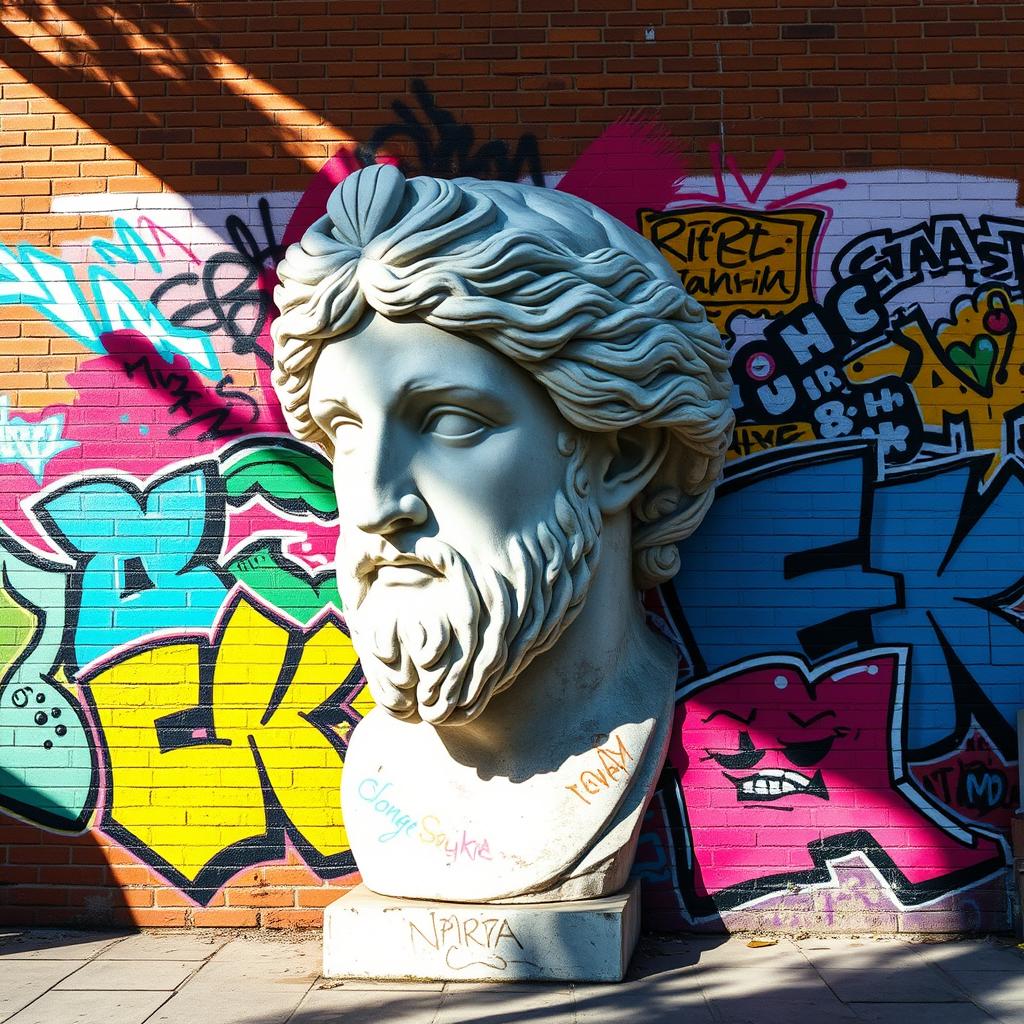 A large, elaborately decorated graffiti wall featuring vibrant street art styles, set against the backdrop of a classic Greek statue head