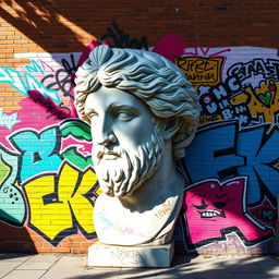 A large, elaborately decorated graffiti wall featuring vibrant street art styles, set against the backdrop of a classic Greek statue head