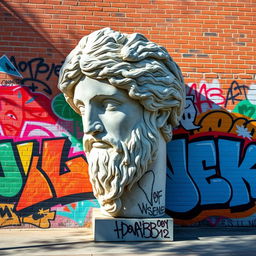 A large, elaborately decorated graffiti wall featuring vibrant street art styles, set against the backdrop of a classic Greek statue head