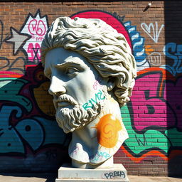 A large, elaborately decorated graffiti wall featuring vibrant street art styles, set against the backdrop of a classic Greek statue head