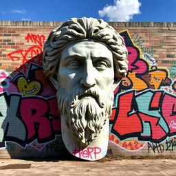 A large, elaborately decorated graffiti wall featuring vibrant street art styles, set against the backdrop of a classic Greek statue head