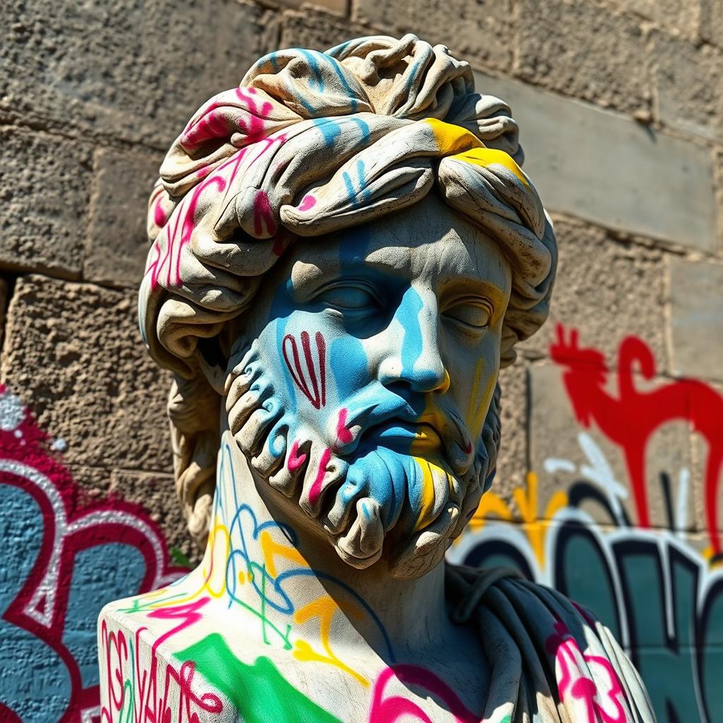 A large, intricately designed Greek statue head covered in colorful spray paint graffiti