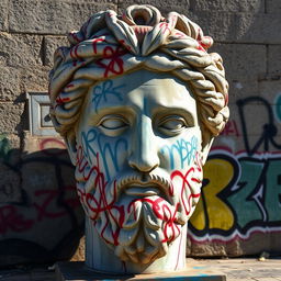 A large, intricately designed Greek statue head covered in colorful spray paint graffiti