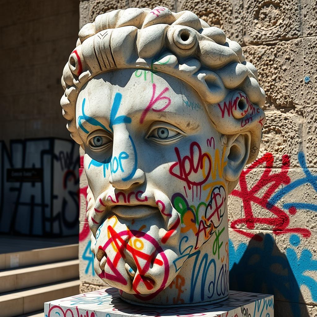 A large, intricately designed Greek statue head covered in colorful spray paint graffiti