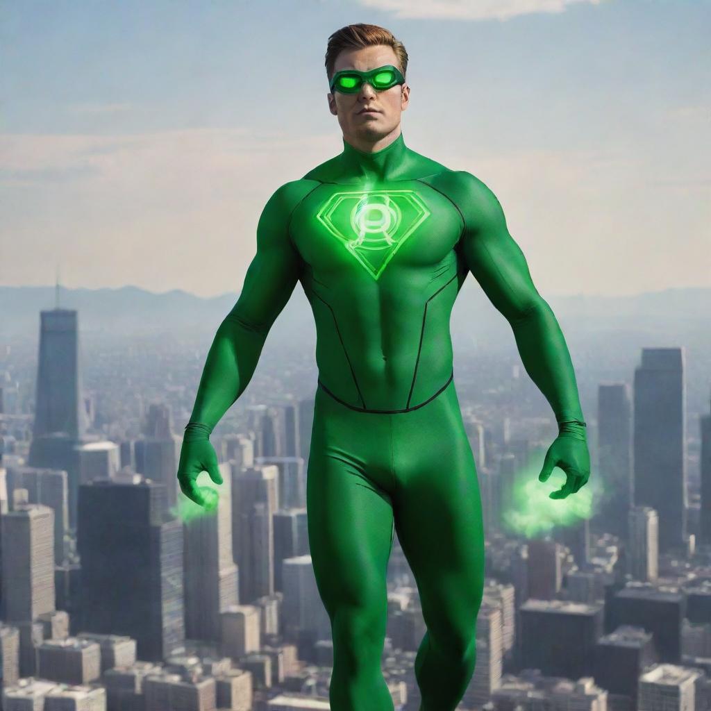 A superhero empowered by radioactive isotopes radiating a green aura, equipped with a hydrogen and polonium engine on his back, soaring above a city skyline.