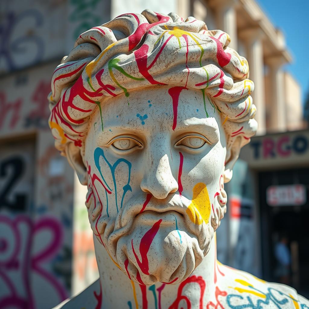 A full view of a Greek statue's head, prominently featuring vibrant, colorful graffiti spray paint covering it