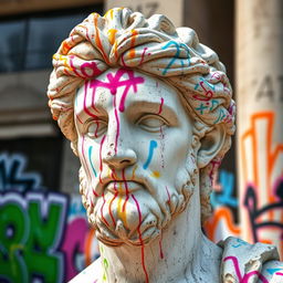 A full view of a Greek statue's head, prominently featuring vibrant, colorful graffiti spray paint covering it