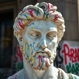 A full view of a Greek statue's head, prominently featuring vibrant, colorful graffiti spray paint covering it