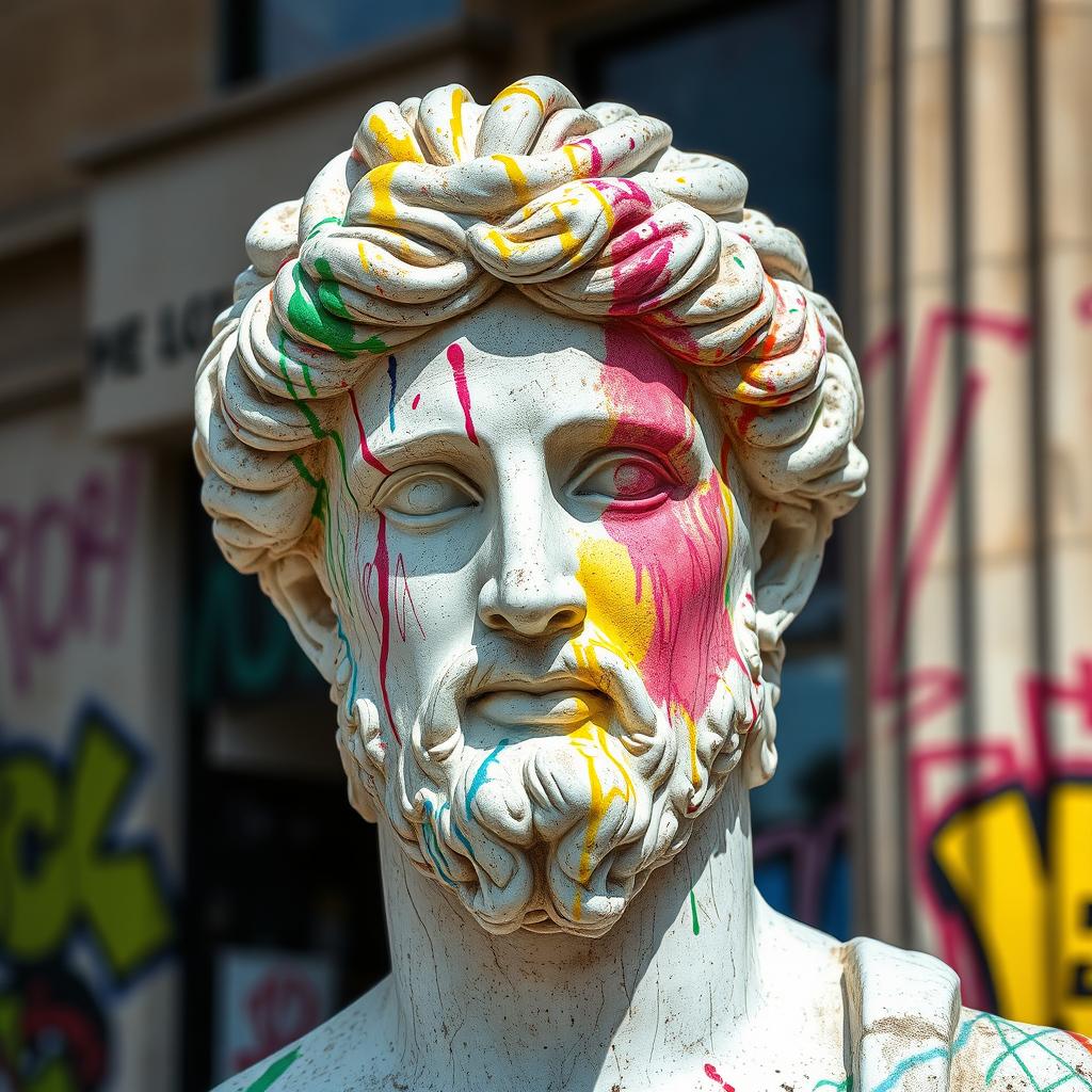 A full view of a Greek statue's head, prominently featuring vibrant, colorful graffiti spray paint covering it