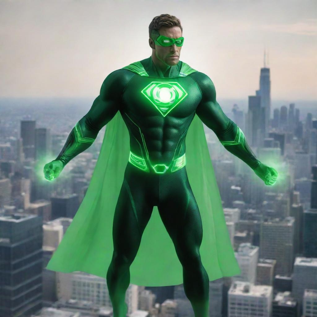 A superhero empowered by radioactive isotopes radiating a green aura, equipped with a hydrogen and polonium engine on his back, soaring above a city skyline.