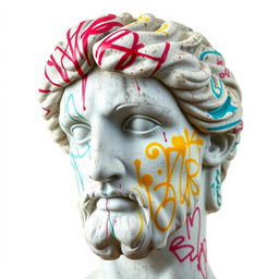 A full view of a Greek statue's head, prominently featuring vibrant, colorful graffiti spray paint covering it, set against a stark white background