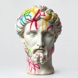 A full view of a Greek statue's head, prominently featuring vibrant, colorful graffiti spray paint covering it, set against a stark white background