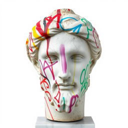 A full view of a Greek statue's head, prominently featuring vibrant, colorful graffiti spray paint covering it, set against a stark white background