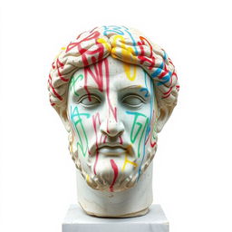 A full view of a Greek statue's head, prominently featuring vibrant, colorful graffiti spray paint covering it, set against a stark white background