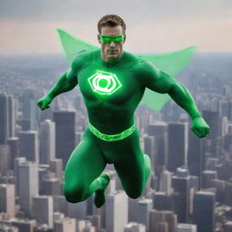 A superhero empowered by radioactive isotopes radiating a green aura, equipped with a hydrogen and polonium engine on his back, soaring above a city skyline.