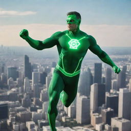 A superhero empowered by radioactive isotopes radiating a green aura, equipped with a hydrogen and polonium engine on his back, soaring above a city skyline.