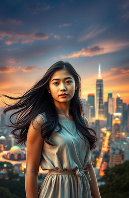 A young beautiful woman from a village, with a determined expression, standing at the edge of a bustling city