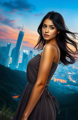 A young beautiful woman from a village, with a determined expression, standing at the edge of a bustling city