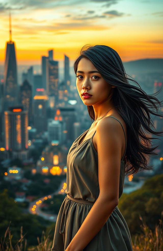 A young beautiful woman from a village, with a determined expression, standing at the edge of a bustling city