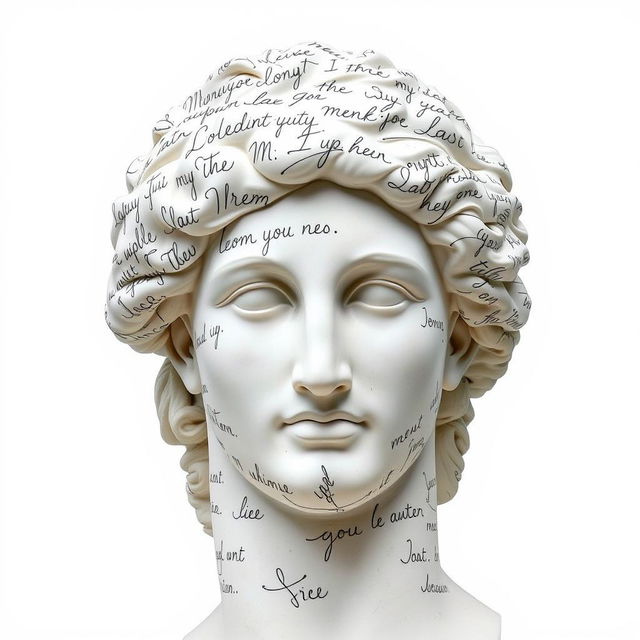 A full view of a Greek statue's head, artistically covered with intricate, flowing handwriting that resembles letters or messages, set against a pure white background