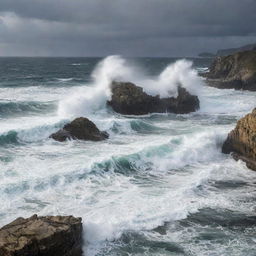 A seascape where mighty waves crash against rugged rocks. Capture a dramatic play of light on water and the raw power of the sea, creating a beautiful yet forceful image of nature's grandeur.