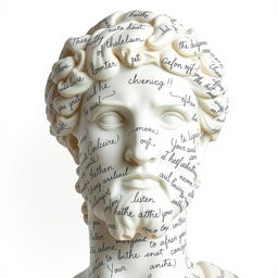 A full view of a Greek statue's head, artistically covered with intricate, flowing handwriting that resembles letters or messages, set against a pure white background