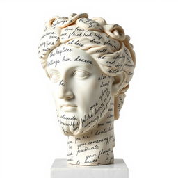 A full view of a Greek statue's head, artistically covered with intricate, flowing handwriting that resembles letters or messages, set against a pure white background