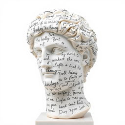 A full view of a Greek statue's head, artistically covered with intricate, flowing handwriting that resembles letters or messages, set against a pure white background