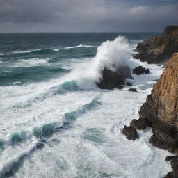 A seascape where mighty waves crash against rugged rocks. Capture a dramatic play of light on water and the raw power of the sea, creating a beautiful yet forceful image of nature's grandeur.