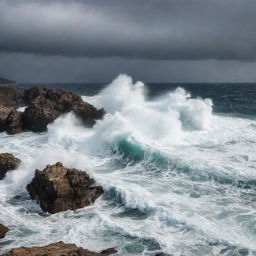 A seascape where mighty waves crash against rugged rocks. Capture a dramatic play of light on water and the raw power of the sea, creating a beautiful yet forceful image of nature's grandeur.