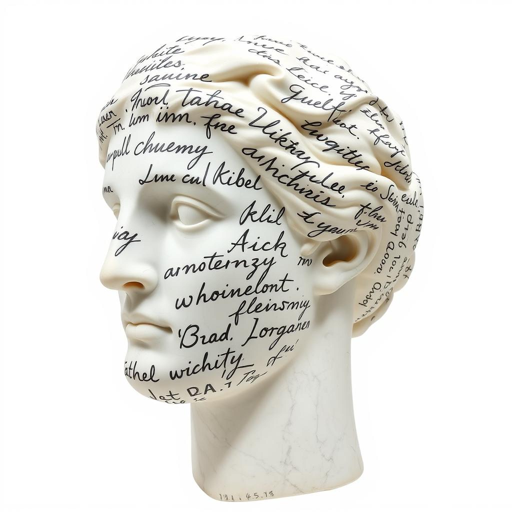 A full view of a Greek statue's head, artistically adorned with large, flowing handwriting that covers its surface