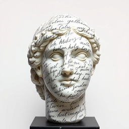 A full view of a Greek statue's head, artistically adorned with large, flowing handwriting that covers its surface