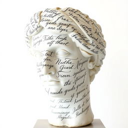 A full view of a Greek statue's head, artistically adorned with large, flowing handwriting that covers its surface