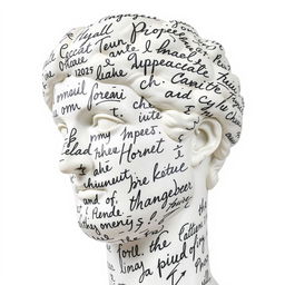 A full view of a Greek statue's head, artistically adorned with large, flowing handwriting that covers its surface