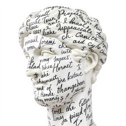 A full view of a Greek statue's head, artistically adorned with large, flowing handwriting that covers its surface